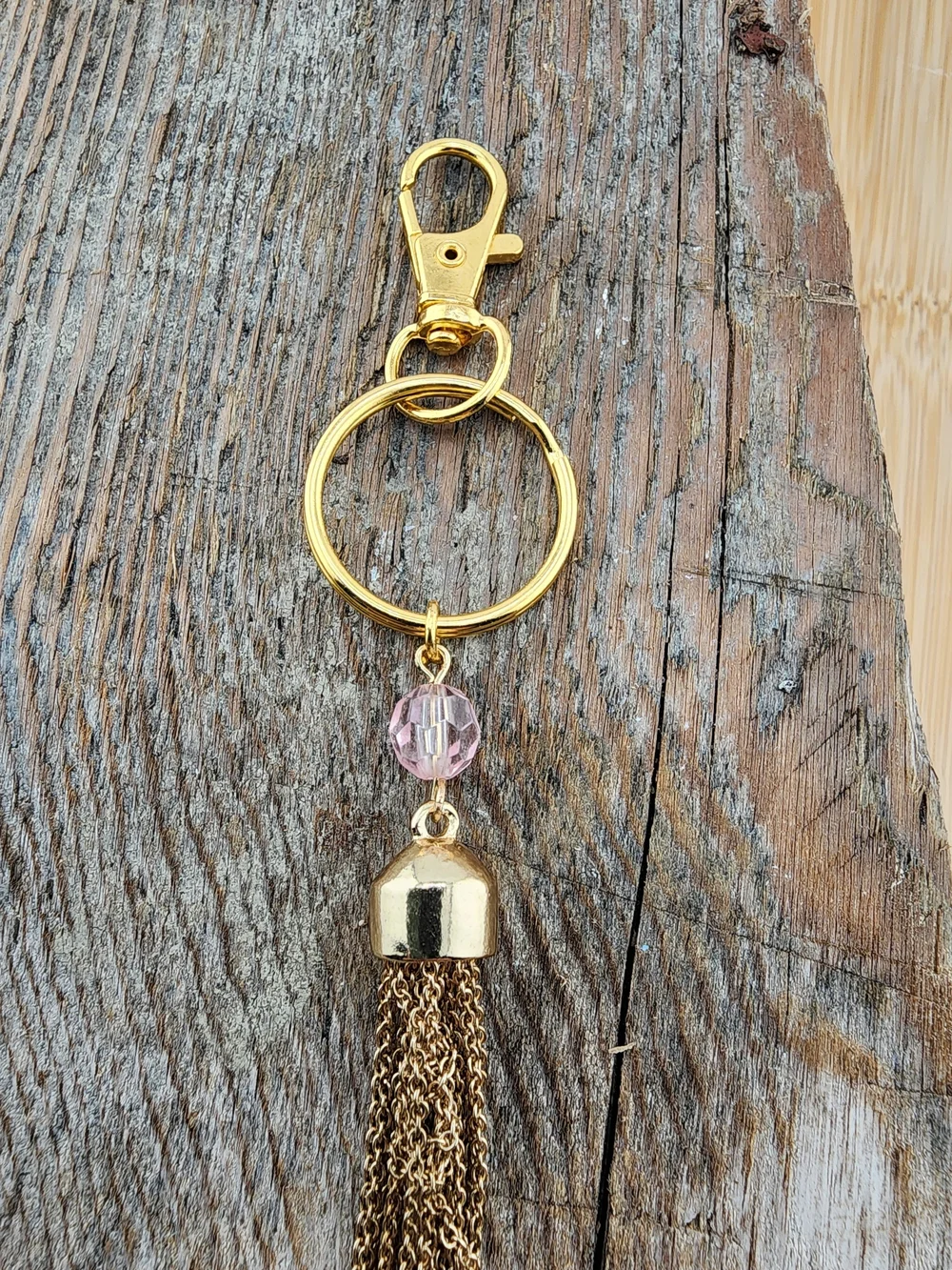 Gold Tone Tassel Bag Charm Keychain with Pink Bead Accent